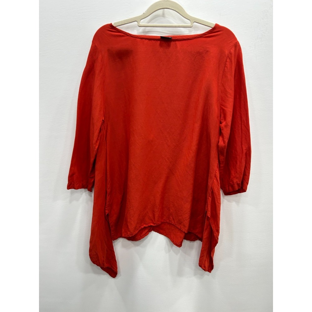 Lisa Bayne Linen Blend Top Womens S Red Asymmetrical Tunic 3/4 Sleeve Lagenlook